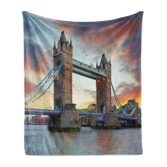 London Soft Flannel Fleece Throw Blanket, Historic Old Tower Bridge London British Kingdom Skyline Cultural Monuments, Cozy Plush for Indoor and Outdoor Use, 60" x 80", Multicolor, by Ambesonne