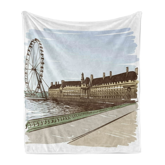 London Soft Flannel Fleece Throw Blanket, Historical Building Thames River Ferris Wheel Colorful Pencil Drawing Art Print, Cozy Plush for Indoor and Outdoor Use, 50" x 70", Multicolor, by Ambesonne