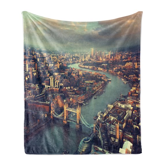 London Soft Flannel Fleece Throw Blanket, Panoramic Picture of Thames River and Tower Bridge Famous Cityscape, Cozy Plush for Indoor and Outdoor Use, 50" x 70", Almond Green Orange, by Ambesonne