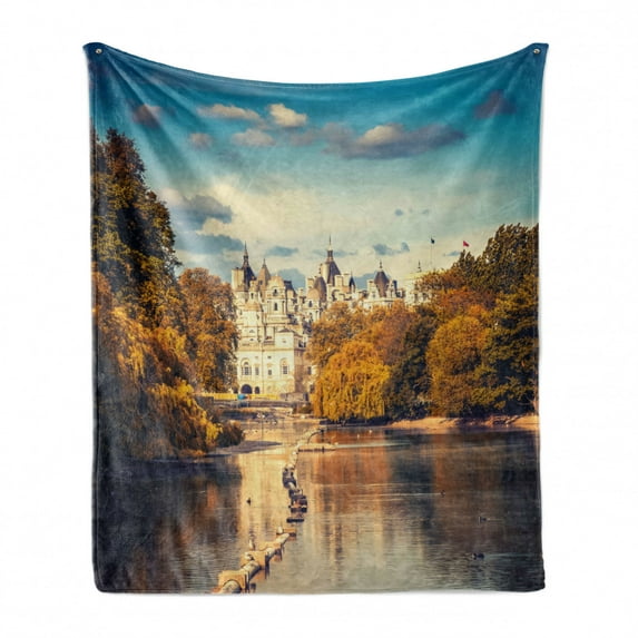 London Soft Flannel Fleece Throw Blanket, Picturesque ST James Park in UK Baroque Architecture Heritage Medieval Landscape, Cozy Plush for Indoor and Outdoor Use, 70" x 90", Multicolor, by Ambesonne