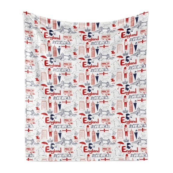 London Soft Flannel Fleece Throw Blanket, Sketch Artwork Country British Cultural Composition in Doodle Style, Cozy Plush for Indoor and Outdoor Use, 70" x 90", Vermilion Dark Blue, by Ambesonne