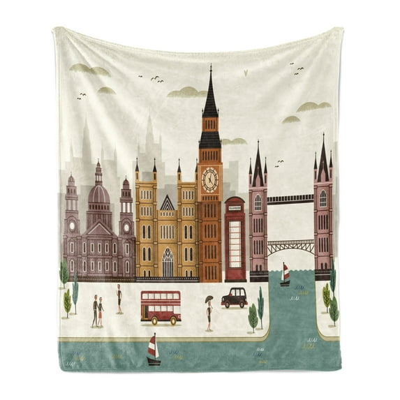 London Soft Flannel Fleece Throw Blanket, Travel Scenery Famous City England Big Ben Telephone Booth Westminster, Cozy Plush for Indoor and Outdoor Use, 50" x 70", Multicolor, by Ambesonne