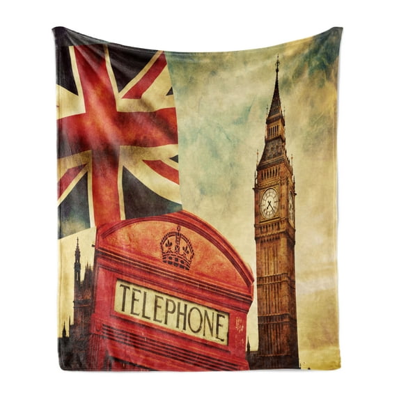 London Soft Flannel Fleece Throw Blanket, Vintage Style of London with National Flag UK Britain Old Clock Tower, Cozy Plush for Indoor and Outdoor Use, 50" x 70", Multicolor, by Ambesonne