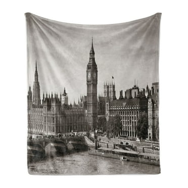 London Soft Flannel Fleece Throw Blanket, Westminster Big Ben and Bridge Nostalgic Image British Antique Architecture, Cozy Plush for Indoor and Outdoor Use, 60" x 80", Sepia White, by Ambesonne