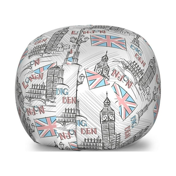 London Storage Toy Bag Chair, Historical Architecture Famous Landmark Big Ben Sketch with United Kingdom Flag, Stuffed Animal Organizer Washable Bag, Large Size, Multicolor, by Ambesonne