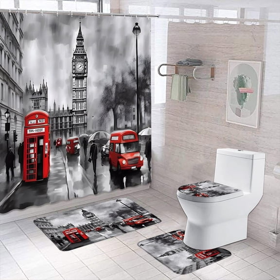 London Street Scenery Shower Curtain Set Red Telephone Booth Bus Big Ben Vintage Bathroom Decor Non-Slip Rug Bath Mat Toilet Lid