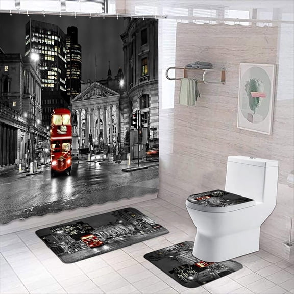 London Street Scenery Shower Curtain Set Red Telephone Booth Bus Big Ben Vintage Bathroom Decor Non-Slip Rug Bath Mat Toilet Lid