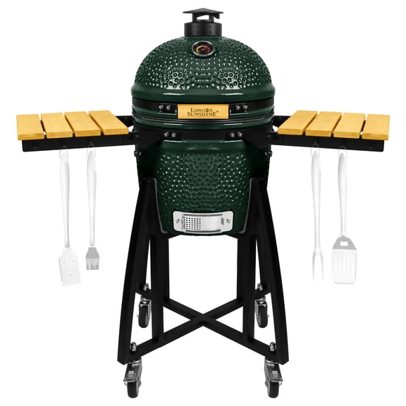 London Sunshine 15-inch Ceramic Kamado Charcoal BBQ Grill & Smoker with Locking Casters, Foldable Side Shelves, Stainless Steel Grates, and Tall Stand (Green)