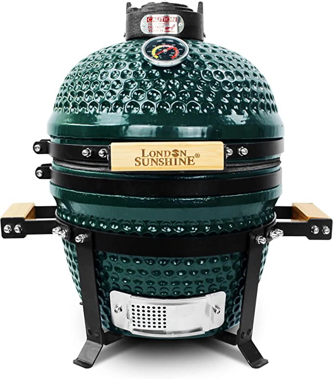 Green Ceramic Portable Tabletop Kamado Charcoal Grill with Bamboo Handles