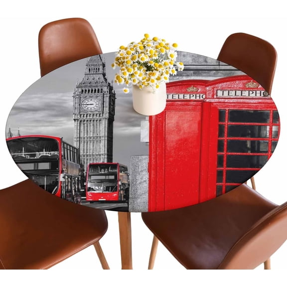 London Symbols Round Fitted Tablecloth Big Ben Double Decker Bus Red Phone Booths England Elastic Edge Tablecloth Waterproof Oilcloth Table Cover for 40"-44"