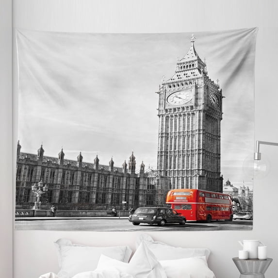 London Tapestry, Big Ben and Double Decker Bus Tourist Attractions Capital of England, Fabric Wall Hanging Decor for Bedroom Living Room Dorm, 5 Sizes, Pale Grey Vermilion Grey, by Ambesonne