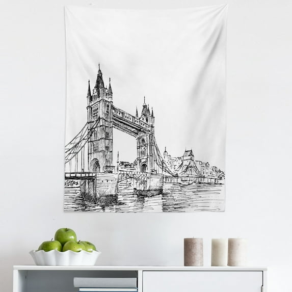 London Tapestry, Old Fashion London Tower Bridge Sketch Architecture British UK Scenery Art Print, Fabric Wall Hanging Decor for Bedroom Living Room Dorm, 5 Sizes, Black White, by Ambesonne