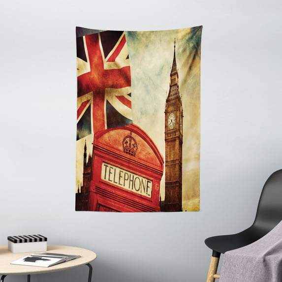 London Decor Wall Hanging Tapestry, Famous Telephone Booth and the Big Ben in England Street View Symbols of Town Retro Print, Bedroom Living Room Dorm Accessories, 40 X 60 Inches, by Ambesonne