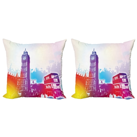 Ambesonne Urban Throw Pillow Cover 2 Pack, Historical Big Ben UK, 24", Purple Red Yellow