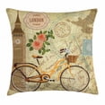 thumbnail image 1 of London Throw Pillow Cushion Cover, Vintage Design with Stamp Big Ben and Bicycle Blossoming Rose, Decorative Square Accent Pillow Case, 18" X 18", Sand Brown Pale Orange and Beige, by Ambesonne, 1 of 2