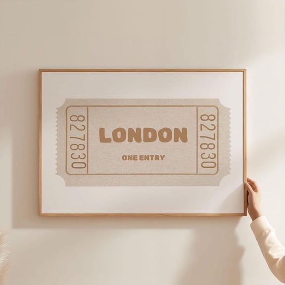 London Ticket Poster | Beigepastel Retro City Art, Vibrant Decor & Typography Landscape Horizontal Wall Art, Unframed Poster Size 12x18