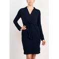 thumbnail image 1 of London Times Collared V-Neck Long Sleeve Solid Tie Front Short Matte Jersey Dress-NAVY / 10, 1 of 4