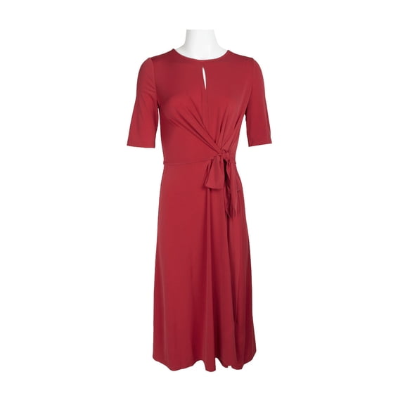 London Times Crew Neck Short Sleeve Keyhole Front Tie Waist Solid ITY Dress-SCOOTER / 6