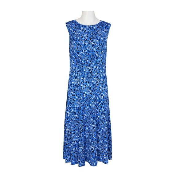 London Times Crew Neck Sleeveless Ruched Front Multi Print Zipper Back Banded Waist Fit & Flare Matte Jersey Dress-GREEN IVORY / 14