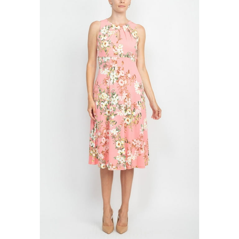 London Times Pleat Keyhole Neck Sleeveless Floral Print Zipper