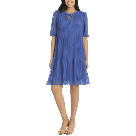 London Times Split Neck Tie Neck Short Sleeve Accordion Pleat Chiffon Shift Dress-BLUE / 8
