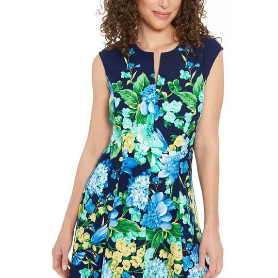 London Times Split-Neckline Sleeveless Back-Zipper Floral-Print Flare Silhouette Dress Color: NAVY BLUE, Size: 6