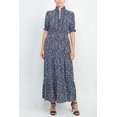 thumbnail image 1 of London Times V-Neck Neck Puffed Short Sleeve Elastic Waist Floral Print Tiered Crepe Dress-NAVY WHITE / 8, 1 of 13