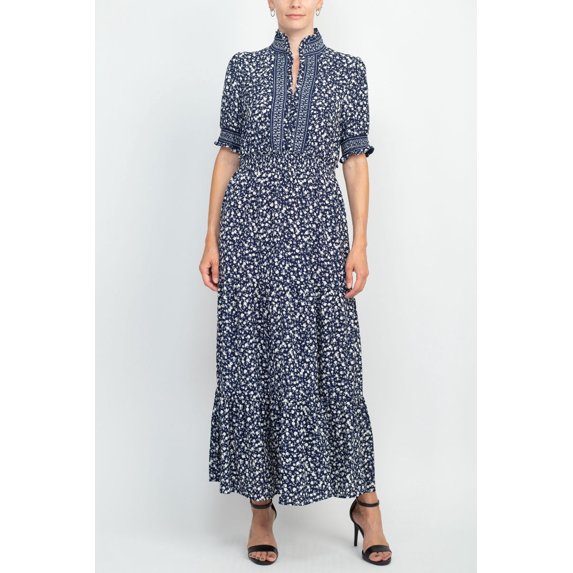 London Times V-Neck Neck Puffed Short Sleeve Elastic Waist Floral Print Tiered Crepe Dress-NAVY WHITE / 8
