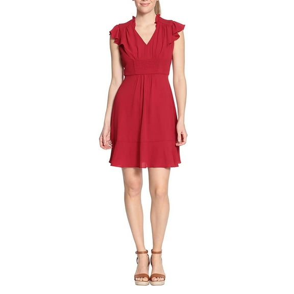 London Times V-Neck Ruffle Short Sleeves Back Zipper Short Crepe Dress