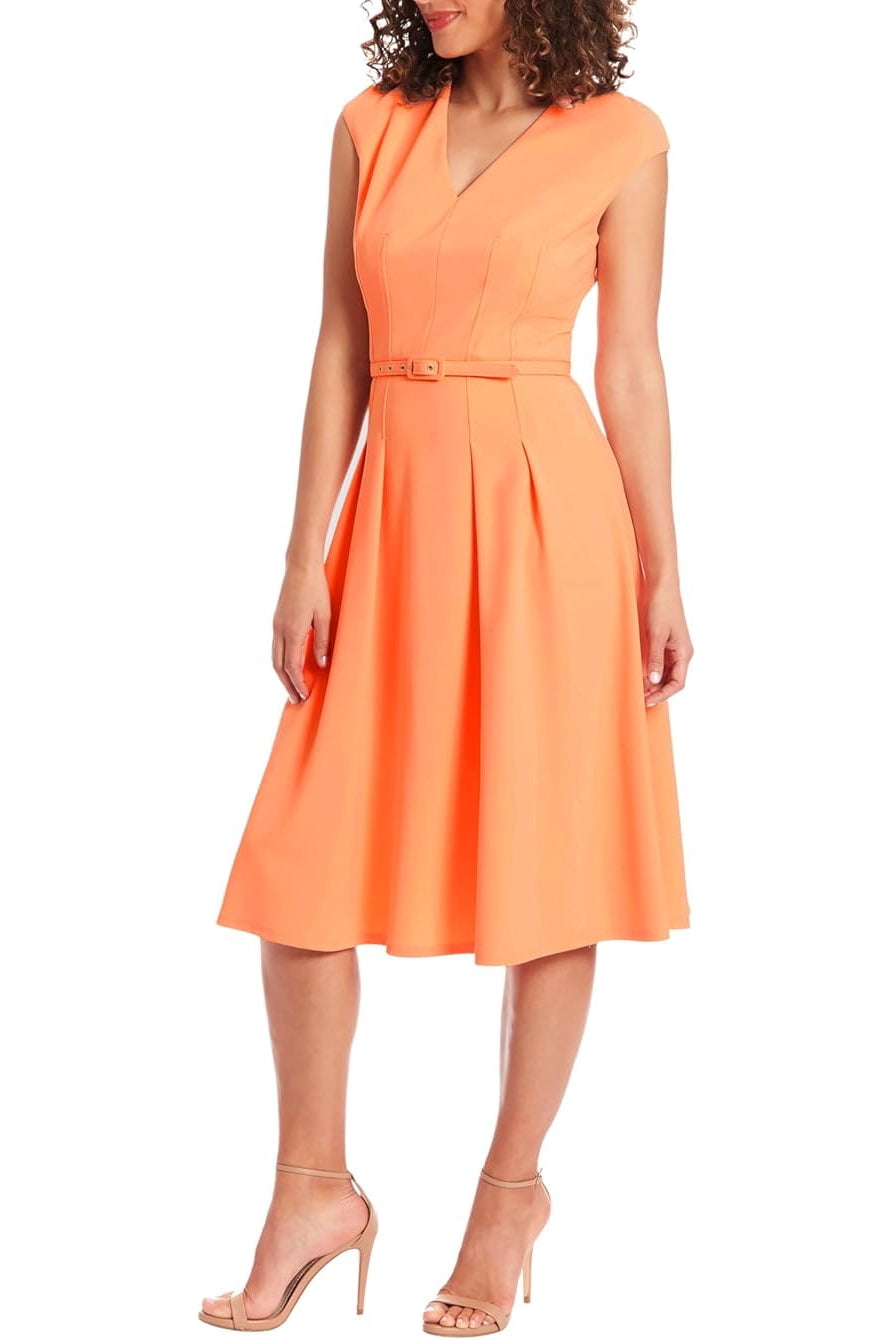 London Times V-Neck Tucked Midi With Belt Dress Color: PEACH, Size: 12 -  Walmart Business Supplies