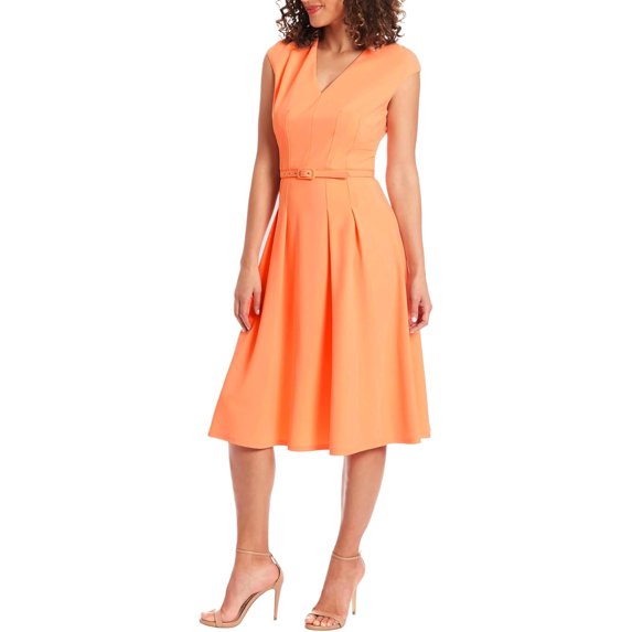London Times V-Neck Tucked Midi With Belt Dress Color: PEACH, Size: 12