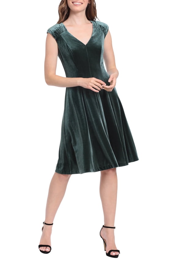 V-neck ruched cap sleeve fluttering skirt velvet dress by Curated Brands