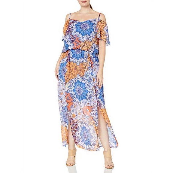 London Times Women's Cold Shoulder V Neck Chiffon Maxi Dress, Blue/Orange, 6