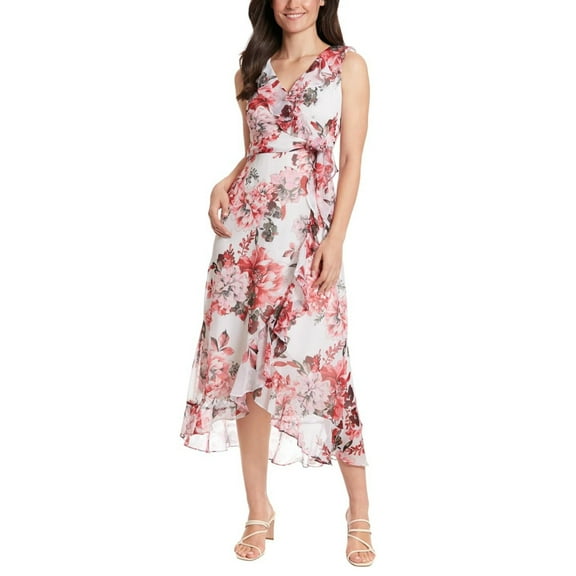 London Times Women's Floral Pint Side Tie Ruffle Wrap Maxi Dress (Ivory, 8)