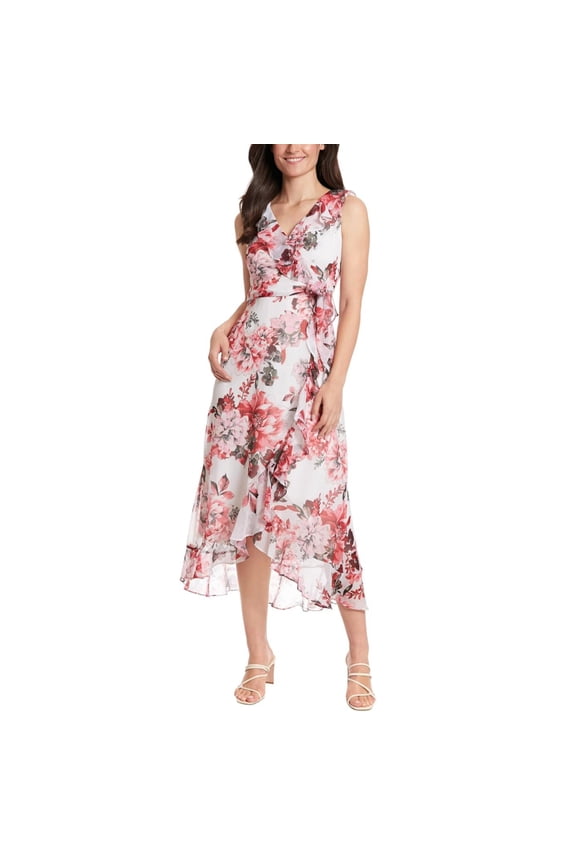 Women's Floral Pint Side Tie Ruffle Wrap Maxi Dress (Ivory, 8)
