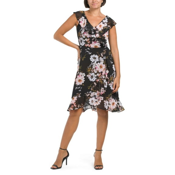 London Times Women's Floral Print Ruffle Trim Wrap Mini Dress-Black / 8