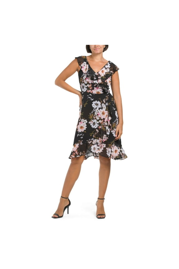 Women's Floral Print Ruffle Trim Wrap Mini Dress-Black / 8