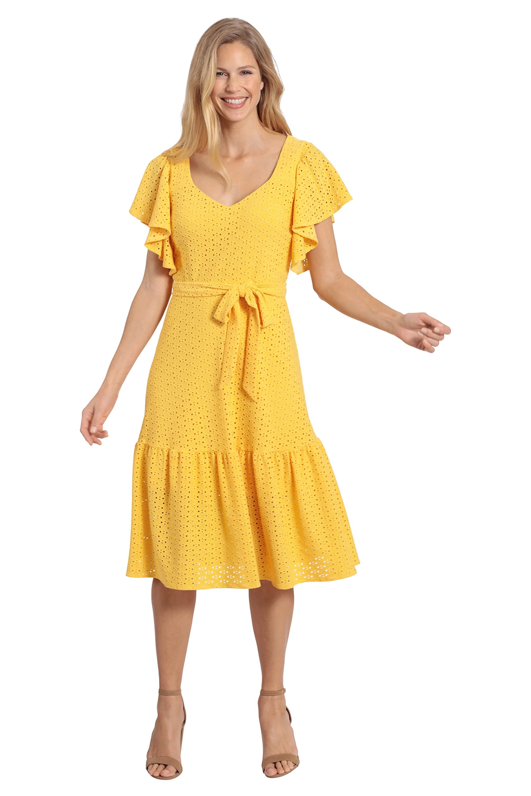 London Times Women's Knit Eyelet Midi Dress Flutter Sleeve Belted Size 16 -  Walmart.com