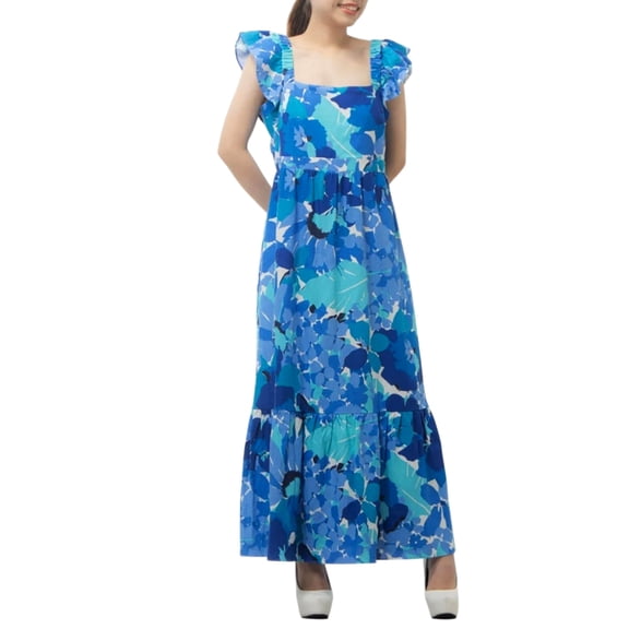 London Times Women's Linen Blend Floral Print Ruffle Sleeve Maxi Dress (Blue, 10)