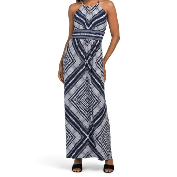 London Times Women's Morris Diamond Basket Printed Keyhole Halter Maxi Dress-Blue / 12