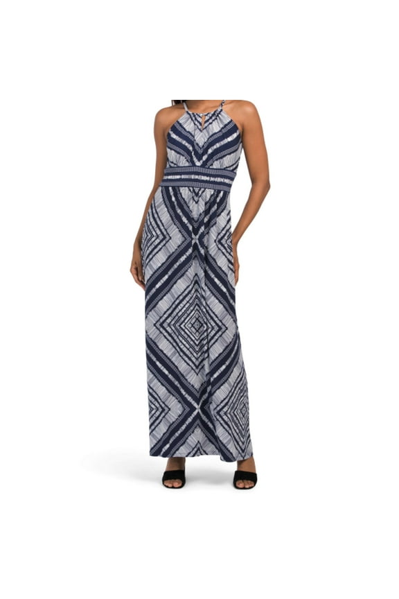 Women's Morris Diamond Basket Printed Keyhole Halter Maxi Dress-Blue / 12