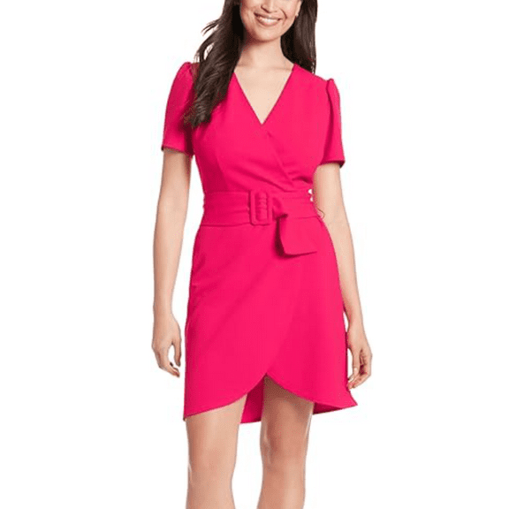 London Times Women's Puff Sleeve Belted Wrap Style Mini Dress (Pink, 10)
