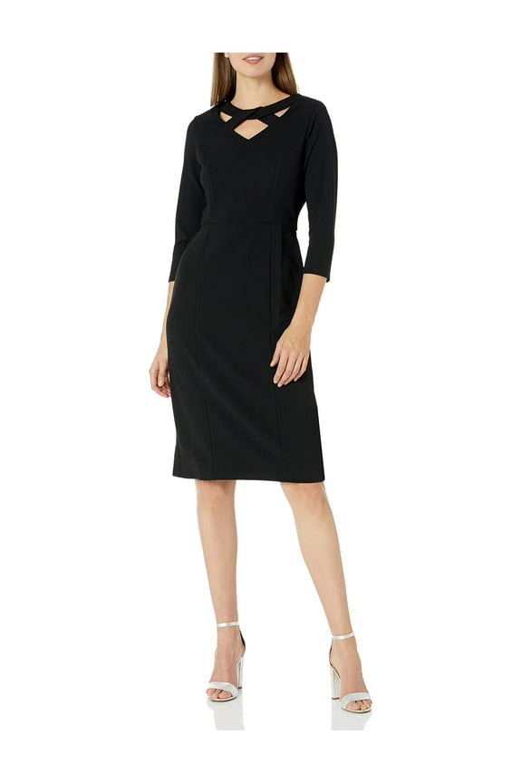 Women's Scuba Crepe Neckline Detail MIDI Sheath, Black, 4