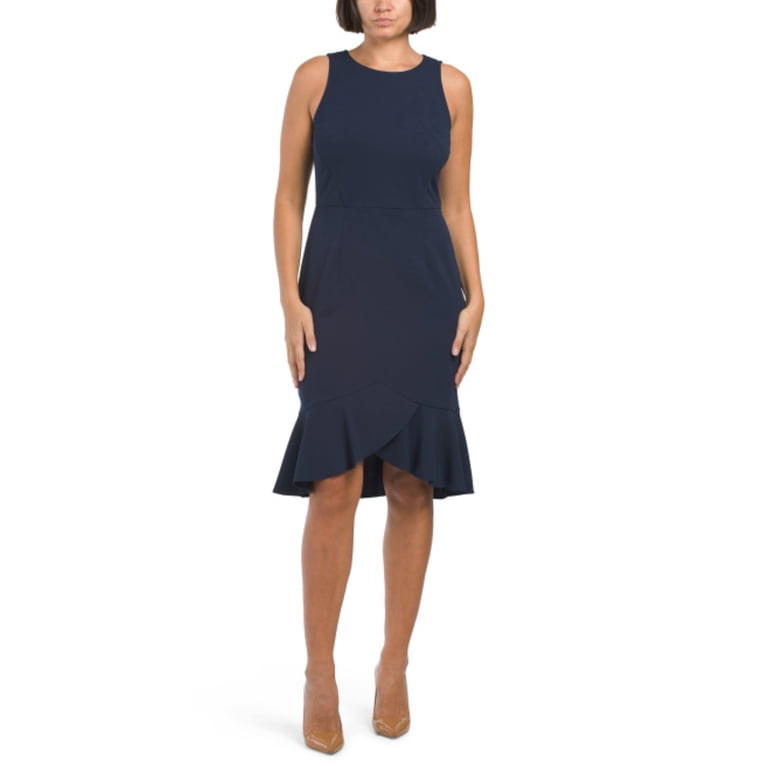 London Times Women's Scuba Crepe Ruffle Hi-low Hem Midi Dress-Navy / 10 -  Walmart.com