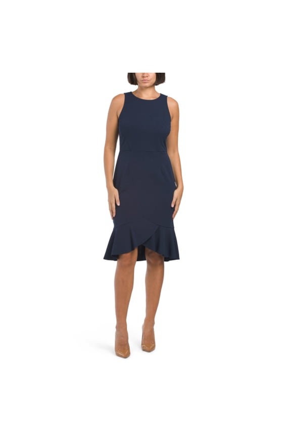 Women's Scuba Crepe Ruffle Hi-low Hem Midi Dress-Navy / 8