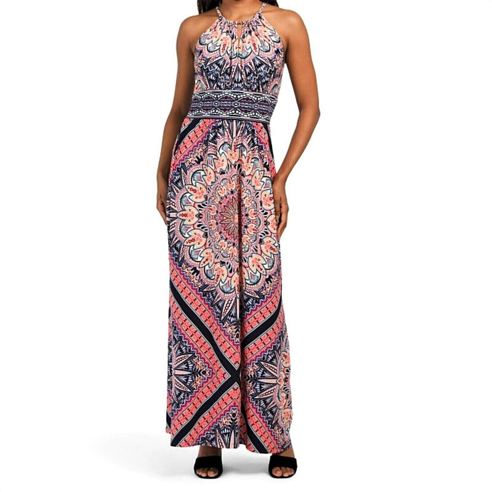 london times halter keyhole maxi dress Women's Sleeveless Starburst Medallion Print Neck Morris Formal dresses