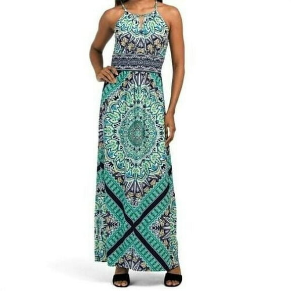 London Times Women's Sleeveless Starburst Medallion Print Keyhole Halter Neck Morris Maxi Dress