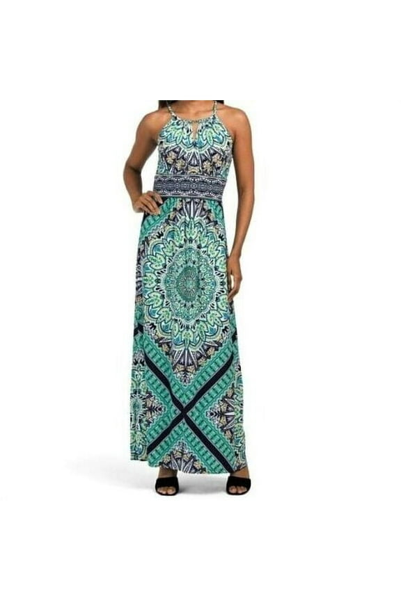 Women's Sleeveless Starburst Medallion Print Keyhole Halter Neck Morris Maxi Dress