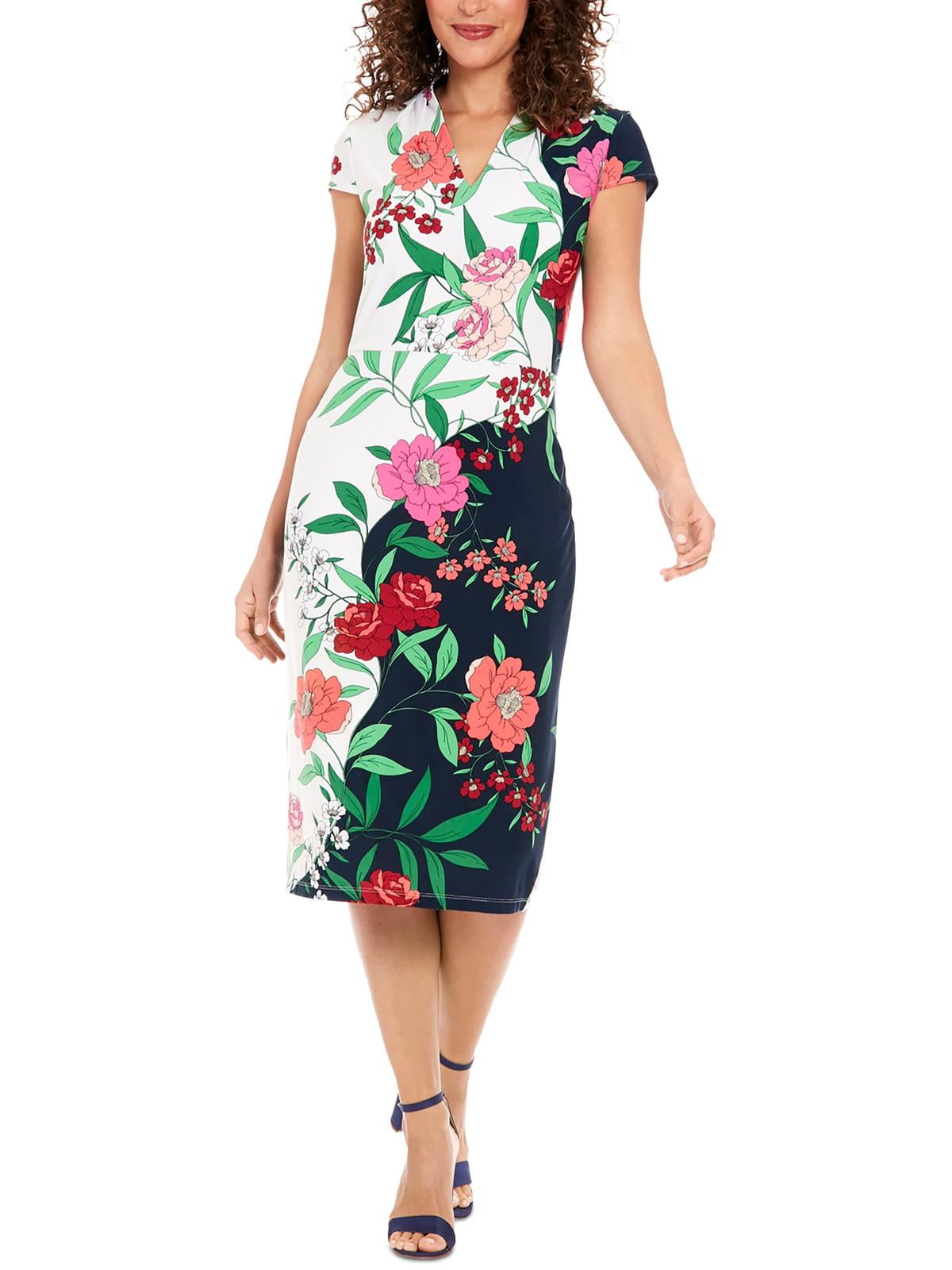 London Times Womens Floral Print Midi Sheath Dress
