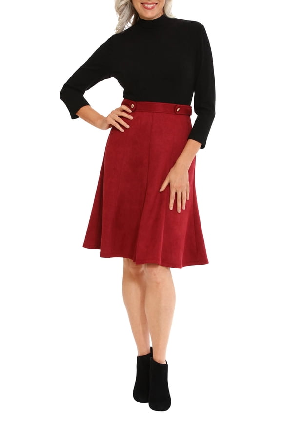 high neck 3/4 sleeve ribbed top gold button detail faux suede skirt by Curated Brands